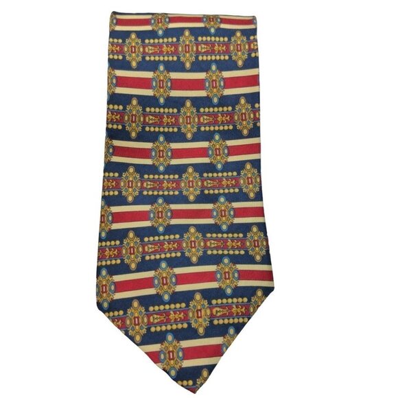 Tattersall Geometric Blue Gold Red White Novelty Silk Necktie - Picture 4 of 6